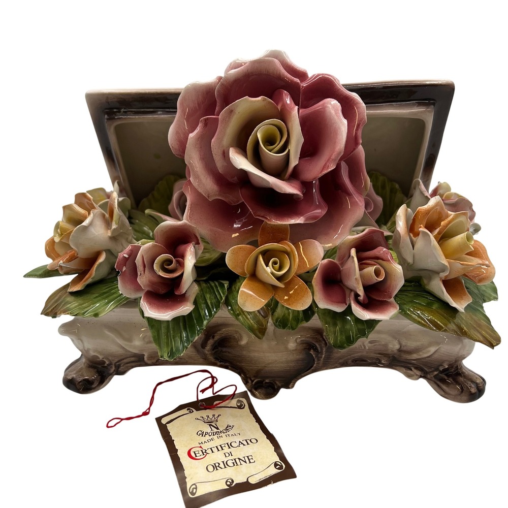 Vintage Capodimonte Italy Porcelain Flower Chest Trinket Box Rose Sculpture COA